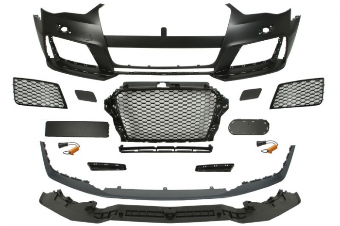 Bara fata tip rs, cu grile, cu locas spalator de faruri, negru lucios grunduit potrivit audi a3 hatchback 2012-2016