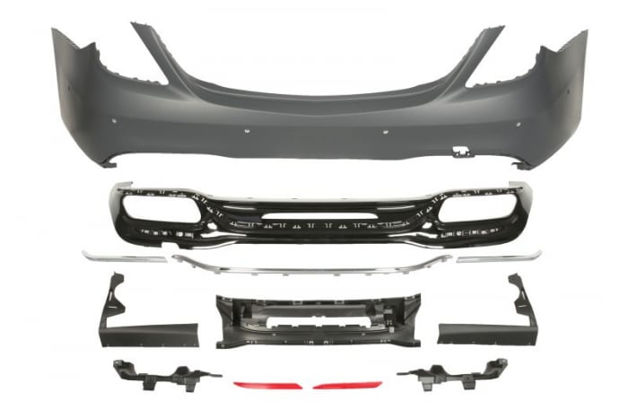 Bara spate model AMG cu intaritura; cu suporti montaj, cu ornamente; cu locas senzori parcare, negru lucios grunduit potrivit MERCEDES Clasa S W222 dupa 2017