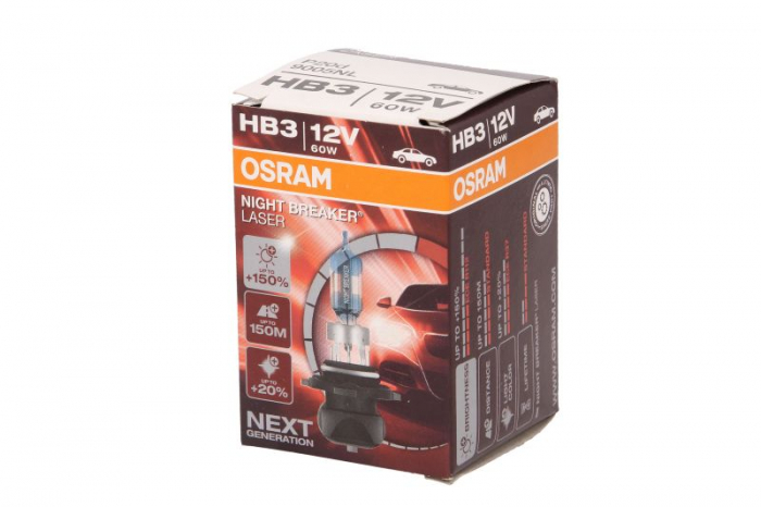 Bec auto auto cu halogen HB3 12V 60W P20D pana la 150% luminozitate mare; pana la 150m ; pana la 20% lumina alba Night Breaker Laser, alb [1]