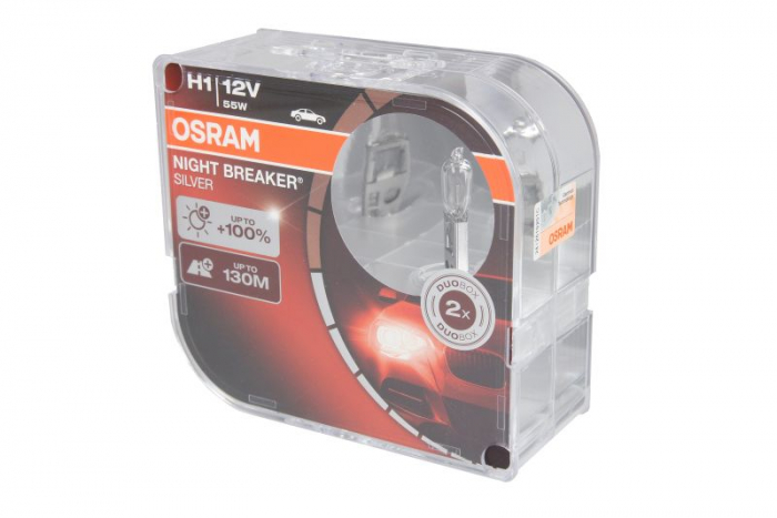 Bec auto set 2 bucati H1 12V 55W P14,5S pana la 100% luminozitate mare; pana la 130m  Night Breaker Silver [1]