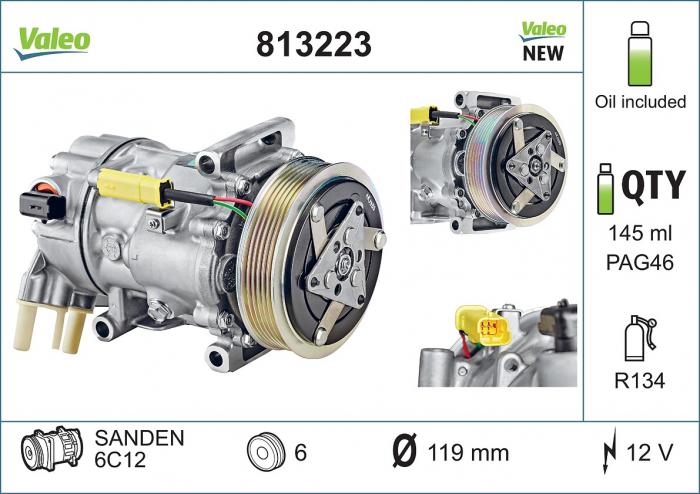 Compresor climatizare potrivit DS DS 3; CITROEN BERLINGO, BERLINGO MULTISPACE, BERLINGO MINIVAN, C3 II, C3 II HATCHBACK, C3 PICASSO, C4, C4 I, C5 III, DS3; PEUGEOT 2008 I, 207 1.1-2.0ALK 08.00-
