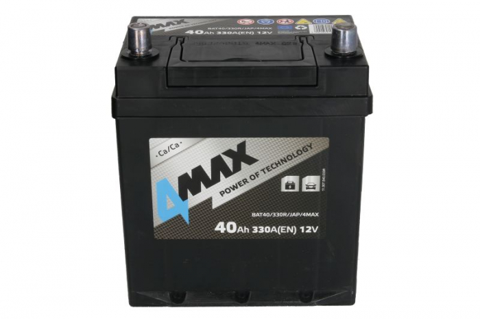 Acumulator 4MAX 12V 40Ah/330A (R+ borna subtire (ptr vehicule japoneze) + borna standard) 187x140x225 B01 - flansa de montare 10.5 mm (pornire) [3]