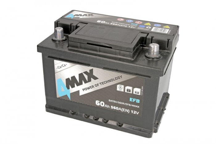 Acumulator 4MAX 12V 60Ah 560A STARTSsuperior EFB (R+ borna standard) 242x175x175 B13 - flansa de montare 10.5 mm (efb pornire)