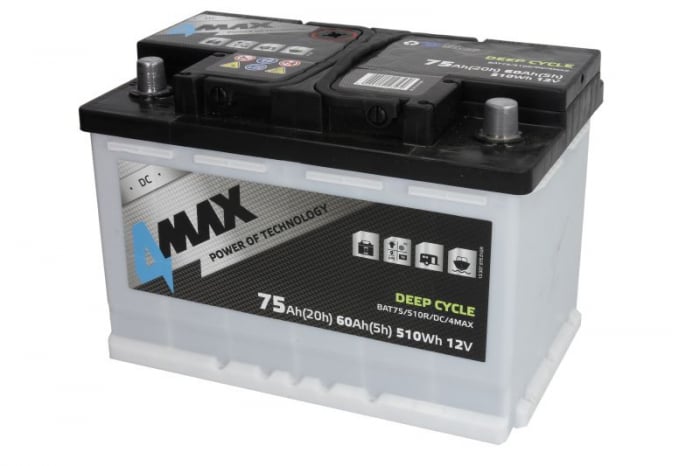 Acumulator 4MAX 12V 75Ah (EN) DEEP-CYCLE (R+ borna standard) 278x175x190 B13 - flansa de montare 10.5 mm (ciclu profund)