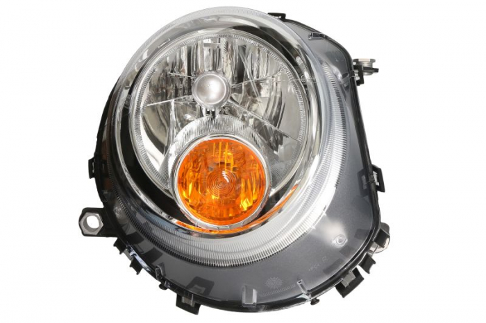 Far fata Dreapta (halogen, H4 PY21W, electric, cu motor, culoare insert: cromat, culoare semnalizator: galben) potrivit MINI (R56), (R57), CLUBMAN (R55), CLUBVAN (R55)