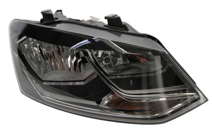 Far fata Dreapta (halogen, H7 H7 W5W WY21W, electric, cu motor, bec, culoare insert: cromat, culoare semnalizator: portocaliu) potrivit VW POLO, POLO V