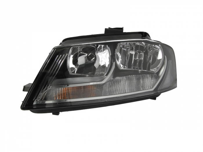 Far fata stanga (halogen, H7, electric, cu motor, bec, culoare interior: negru, culoare semnalizator: transparent) potrivit AUDI A3