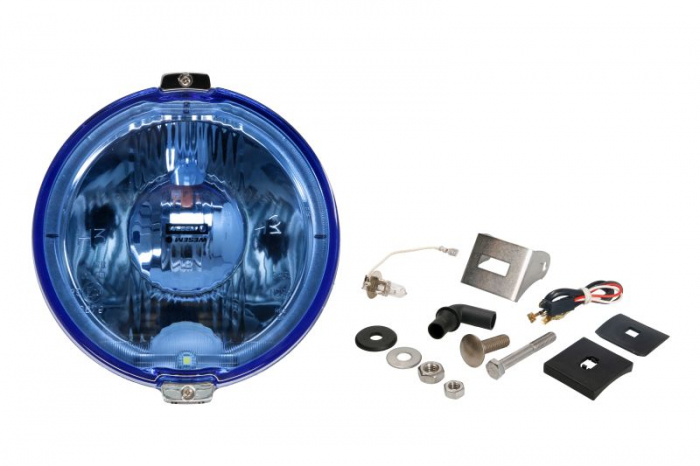Far universal stanga dreapta (faza lunga, H3 LED, 12V, diametru 183mm, albastru, metal, negru crom, lumini pozitie, lungime cablu: 150mm)