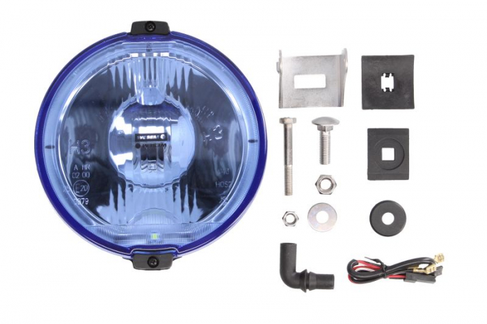 Far universal stanga dreapta (faza lunga, H3 LED, 12V, diametru 183mm, albastru, plastic, negru, lumini pozitie, lungime cablu: 150mm)