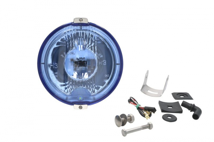 Far universal stanga dreapta (faza lunga, H3 LED, 24V, diametru 183mm, albastru, plastic, crom, lumini pozitie, lungime cablu: 150mm)