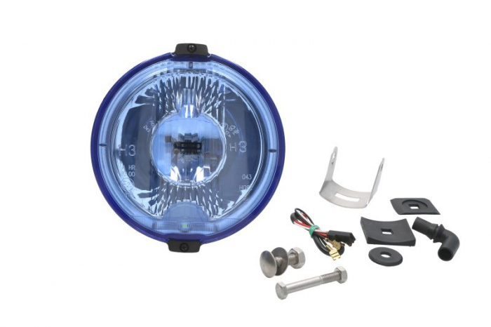 Far universal stanga dreapta (faza lunga, H3 LED, 24V, diametru 183mm, albastru, plastic, negru, lumini pozitie, lungime cablu: 150mm)