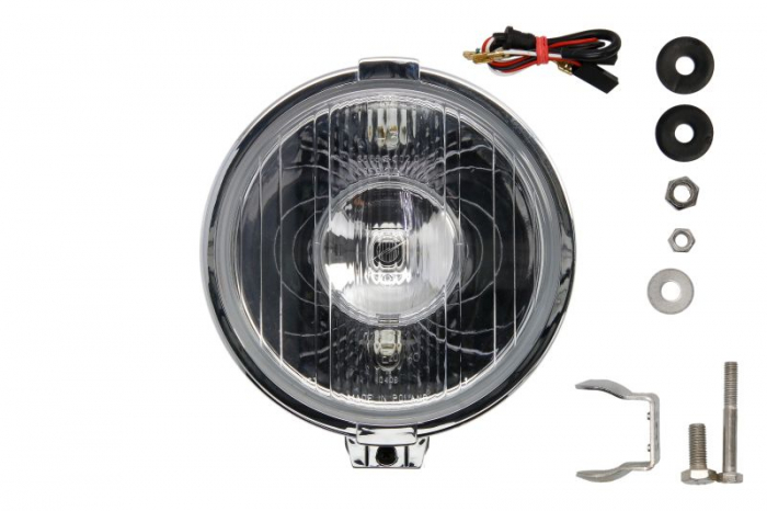 Far universal stanga dreapta (faza lunga, H3 T4W, 12 24V, diametru 190mm, transparent, plastic, negru, lumini pozitie, rama cromata, fara bec)