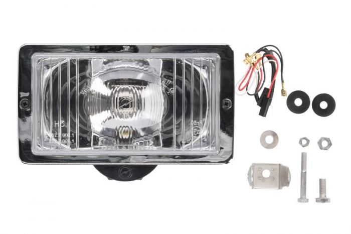 Far universal stanga dreapta (faza lunga, H3 T4W, 12 24V, latime 241mm, inaltime 135mm, alb, plastic, negru crom, lumini pozitie, lungime cablu: 150mm)