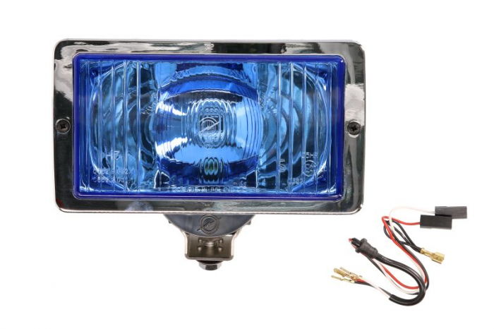 Far universal stanga dreapta (faza lunga, H3 T4W, 12 24V, latime 241mm, inaltime 135mm, albastru, metal, crom, lumini pozitie, lungime cablu: 150mm)
