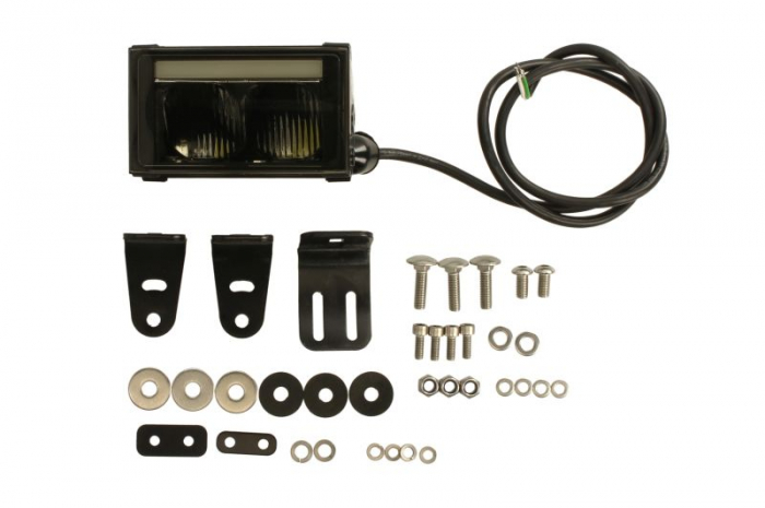 Far universal stanga dreapta (faza lunga, LED, 12 24V, latime 130mm, inaltime 74mm, adancime: 104mm, transparent, aluminiu, negru, lumini pozitie, lungime cablu: 100mm, cu lumina de pozitie)