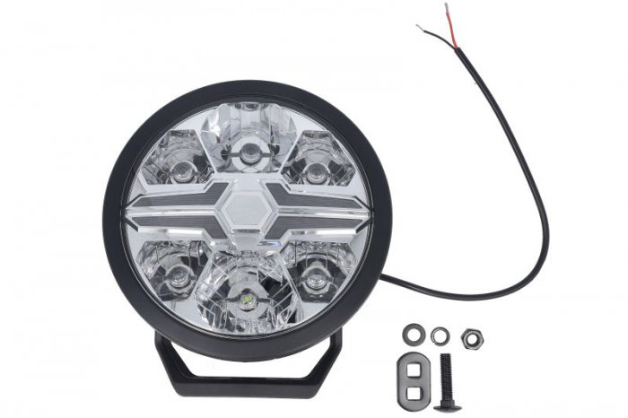 Far universal stanga dreapta (rotund, BLADE, LED, 12 24V, 17W, diametru 220mm, adancime: 116mm, transparent, aluminiu, negru, lumini pozitie, lungime cablu: 500mm)