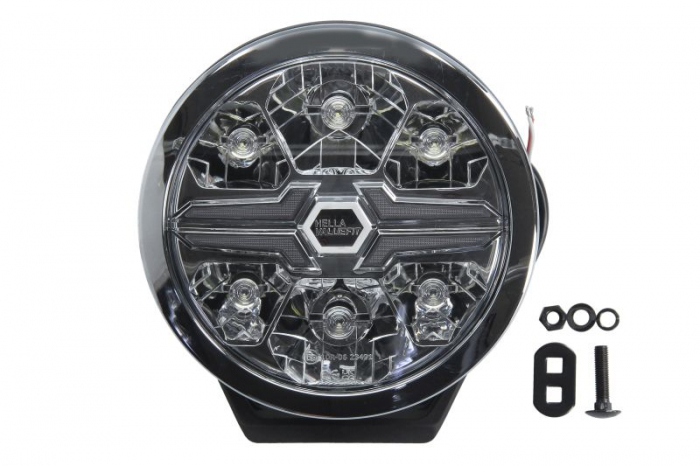 Far universal stanga dreapta (rotund, BLADE, LED, 12 24V, 22W, diametru 181mm, adancime: 96mm, transparent, aluminiu, negru crom, lumini pozitie, lungime cablu: 500mm)