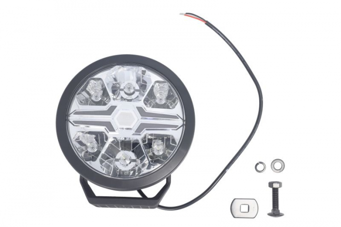 Far universal stanga dreapta (rotund, BLADE, LED, 12 24V, 22W, diametru 181mm, adancime: 96mm, transparent, aluminiu, negru, lumini pozitie, lungime cablu: 500mm)