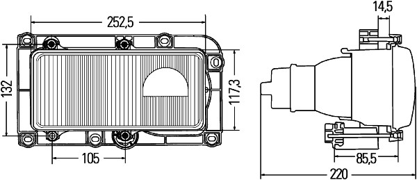 Fat stanga potrivit MER (2*H1/T4W, electric, manual, fara motor, 24V, Funcții lumini: Faza scurtă, lumini pozitie, culoare insert: crom platinat, inaltime: 132mm, latime: 252,5mm) 24V [2]