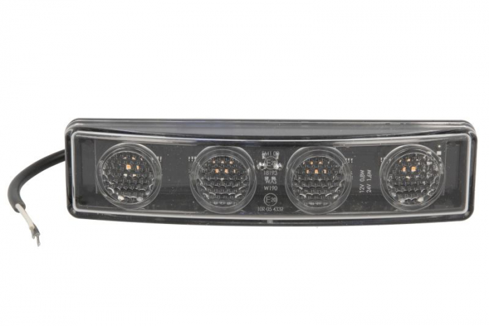 Lumina delimitare stanga dreapta, forma: dreptunghiular, portocaliu, 4 LED, inaltime 43mm; latime 180mm lungime cablu 220mm, 12 24V (IP66 IP68) potrivit SCANIA 4, G I, P I, R I, T 05.95-05.19