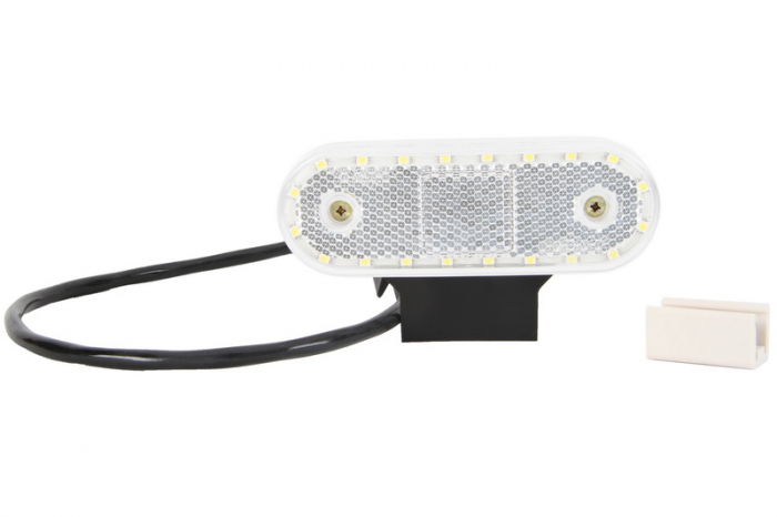 Lumini clarificare stanga dreapta, forma: oval, alb, LED, inaltime 40mm; latime 114mm; adancime 25mm, in relief, lungime cablu 500mm, cu cuier, 12 24V (cu clema pentru fir plat, conector: CLICK-IN JAE