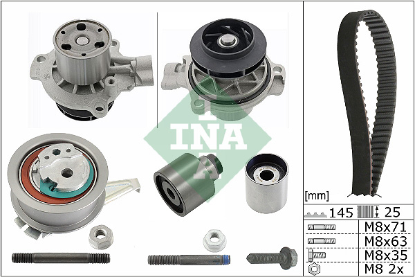 Set distributie (curea + intinzator + Pompa apa) potrivit MAN TGE; AUDI A1, A3, A4 ALLROAD B8, A4 ALLROAD B9, A4 B8, A4 B9, A5, A6 C7, A6 C8, Q2, Q3, Q5, TT 1.6D 2.0D 11.07-