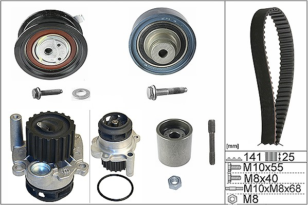 Set distributie potrivit SEAT CORDOBA, IBIZA III, LEON, TOLEDO II; SKODA FABIA I, FABIA I PRAKTIK, OCTAVIA I, SCALA; VW BORA I 1.6D/1.9D/2.5D dupa 1997 (curea + intinzator + pompa apa) [2]