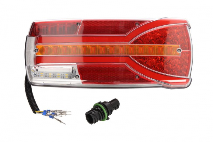 Stop spate dreapta CARMEN (LED, 12 24V, cu intermitent, cu far de ceata, lumina de marsarier, cu stop, lumina de parcare, cu iluminare placuta, reflector, conector: EURO AMP 7PIN, rosu )