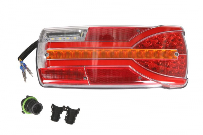 Stop spate stanga CARMEN (LED, 12 24V, cu intermitent, cu far ceata, lumina de marsarier, cu stop, lumina de parcare, reflector, semnalizator dinamic, conector: AMP 7PIN Bayonet, rosu )