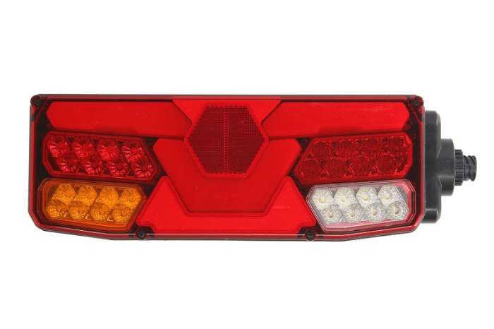 Stop spate stanga (LED, 12 24V, cu intermitent, cu far ceata, lumina de marsarier, cu stop, lumina de parcare, cu iluminare placuta, reflector conector: Side AMP 7PIN Bayonet, 350x131x81)