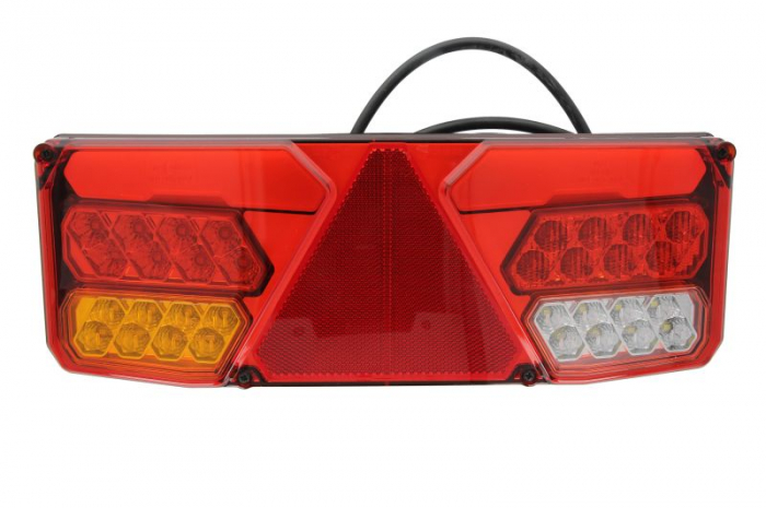 Stop spate stanga (LED, 12 24V, cu intermitent, cu far ceata, lumina de marsarier, cu stop, lumina de parcare, reflector triunghiular)