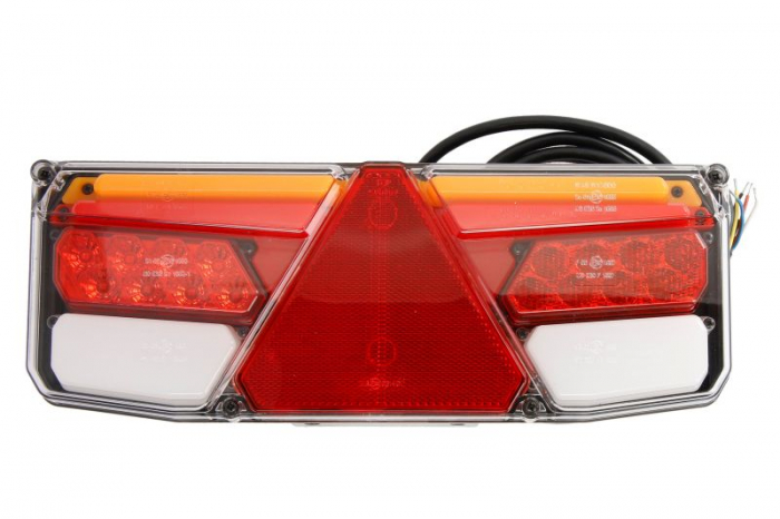 Stop spate stanga (LED, 12 24V, cu intermitent, cu far ceata, lumina de marsarier, cu stop, lumina de parcare, reflector triunghiular, semnalizator dinamic)