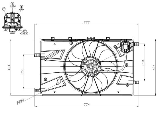 Ventilator radiator (cu carcasa) potrivit CHEVROLET CRUZE, ORLANDO; OPEL ASTRA J, ASTRA J GTC, CASCADA, INSIGNIA A, INSIGNIA A COUNTRY, ZAFIRA C 1.3D-2.0D 05.09-