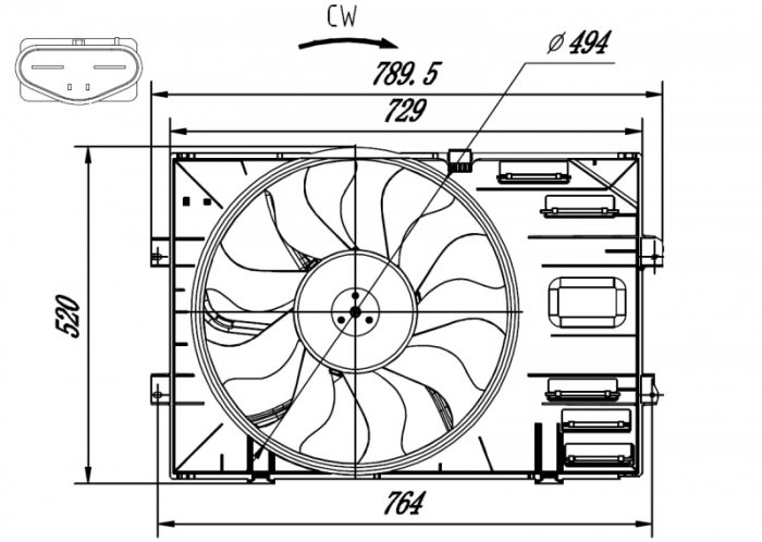 Ventilator radiator (cu carcasa) potrivit VW MULTIVAN V, MULTIVAN VI, TRANSPORTER CARAVELLE VI, TRANSPORTER V, TRANSPORTER VI 2.0 2.0D 09.09-