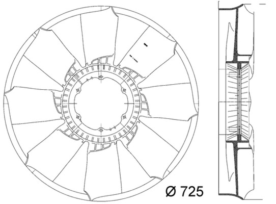 Ventilator radiator (diameter 725mm, numar lame 8) potrivit MERCEDES ATEGO, ATEGO 2, AXOR, AXOR 2, UNIMOG OM457.910-OM926.999 01.98-