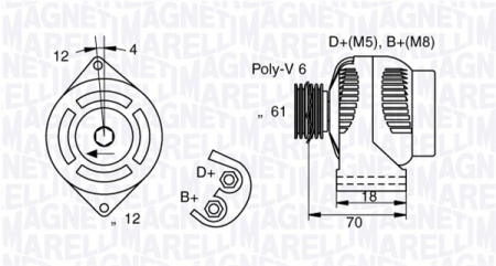 Alternator (12V, 140A) potrivit ALFA ROMEO 147, 156, 159; FIAT BRAVO II, CROMA, PUNTO/HATCHBACK, SEDICI 1.3D/1.6D/1.9D 11.02-12.14