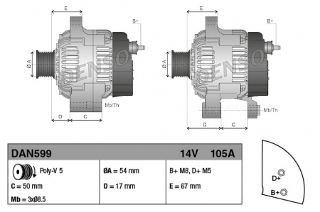 Alternator (14V, 105A) FIAT 500, 500 C, 500L, BRAVO II, DOBLO, GRANDE PUNTO, LINEA, PUNTO, SIENA, STILO; FORD KA 1.2-1.4LPG dupa 1999 [2]