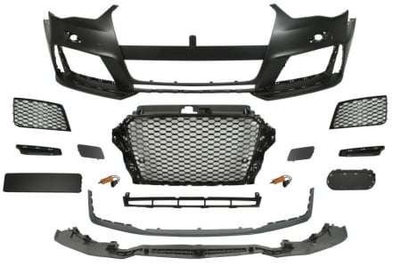 Bara (Fata, RS Type, cu grilaje; cu valabilitate, cu gauri pentru spalator de faruri, cu gauri pentru senzorii de parcare, negru lucios/grunduit) potrivit AUDI A3 04.12-06.16