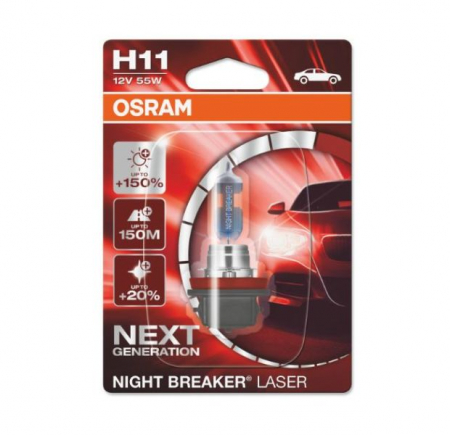 Electrice - Bec auto blister pachet 1 bucata H11 12V 55W PGJ19-2 pana la 150% luminozitate mare; pana la 150m ; pana la 20% lumina alba Night Breaker Laser, alb