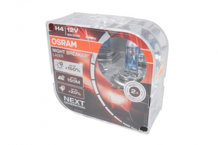 Becuri auto - Bec auto set 2 bucati H4 12V 60/55W P43T pana la 150% luminozitate mare; pana la 150m ; pana la 20% lumina alba Night Breaker Laser, alb
