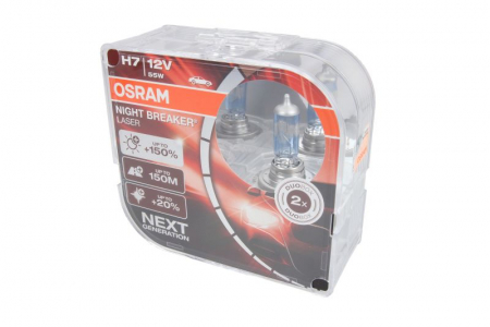 Electrice - Bec auto set 2 bucati H7 12V 55W PX26D pana la 150% luminozitate mare; pana la 150m ; pana la 20% lumina alba Night Breaker Laser, alb