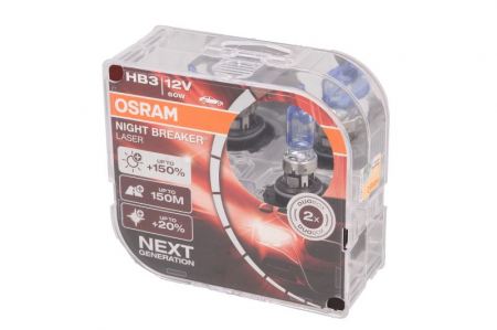 Electrice - Bec auto set 2 bucati HB3 12V 60W P20D pana la 150% luminozitate mare; pana la 150m ; pana la 20% lumina alba Night Breaker Laser, alb