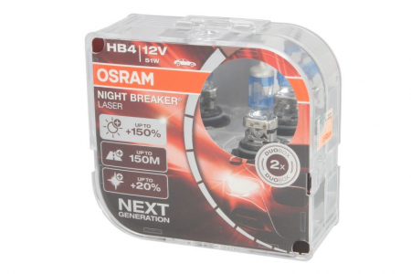 Electrice - Bec auto set 2 bucati HB4 12V 51W P22D pana la 150% luminozitate mare; pana la 150m ; pana la 20% lumina alba Night Breaker Laser, alb