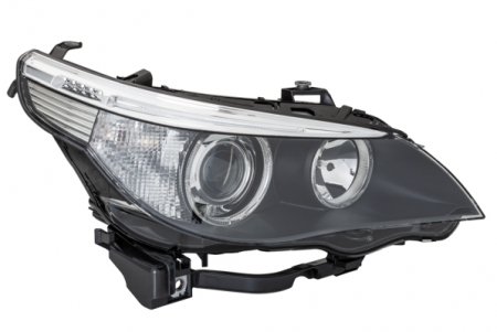 Faruri - Far fata Dreapta potrivit BMW 5 (E60), 5 (E61) 2003-2005 (bi-xenon/halogen, D2S/H10W/H7/PY21W, electric, cu motor, bec, culoare insert: negru, culoare semnalizator: alb)