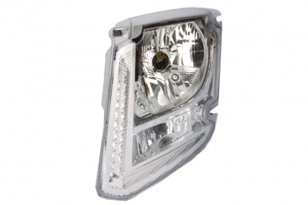 Faruri - Far stanga potrivit VOLVO FL III dupa 2013 (H4/LED/PY21W, electric, fara motor, cu lumini zi, culoare interior: crom, culoare semnalizator: alb)