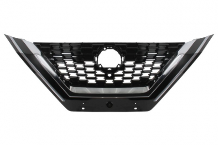 Grila radiator (cu dungi crom; cu orificiu camera, negru) potrivit NISSAN QASHQAI III J12 04.21-