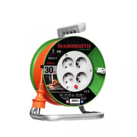 Prelungitor electric 30m, 230V, 3x1mm², numar prize 230V x 4buc. E, 2500W, IP20, drum plastic