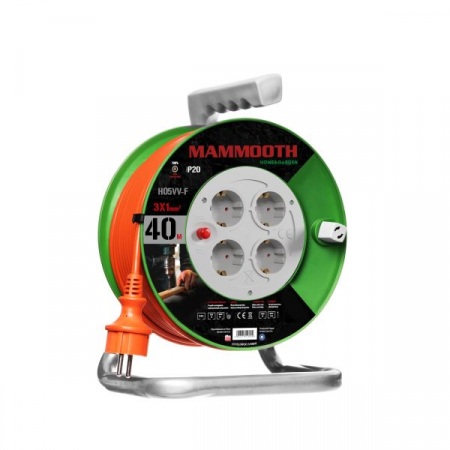 Prelungitor electric 40m, 230V, 3x1,5mm², numar prize 230V x 4buc. F (schuko), 1380 / 3680W, IP20, drum plastic