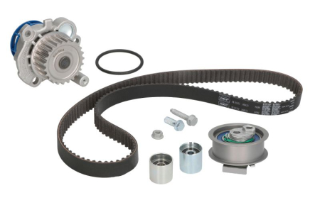 Distributie - Set distributie potrivit AUDI A1, A3, A4 B6, A4 B7, A6 C6, TT; SEAT ALTEA, ALTEA XL, EXEO, EXEO ST, LEON, TOLEDO III; SKODA OCTAVIA II 2.0 2002-2017 (curea + intinzator + pompa apa)