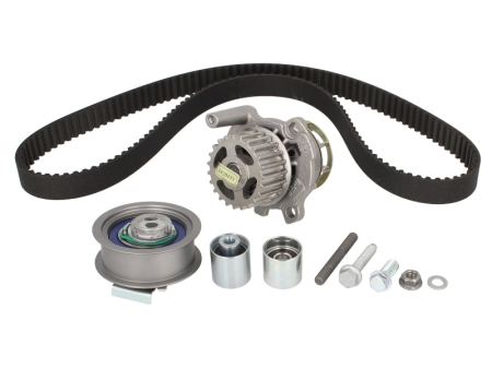 Distributie - Set distributie potrivit AUDI A1, A3, A4 B6, A4 B7, A6 C6, TT; SEAT ALTEA, ALTEA XL, EXEO, EXEO ST, LEON, TOLEDO III; SKODA OCTAVIA II 2.0 2002-2017 (curea + intinzator + pompa apa)